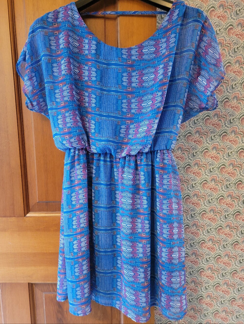 Lush Blue Aztec Geometric Mini Dress Open Back Boho Size Large